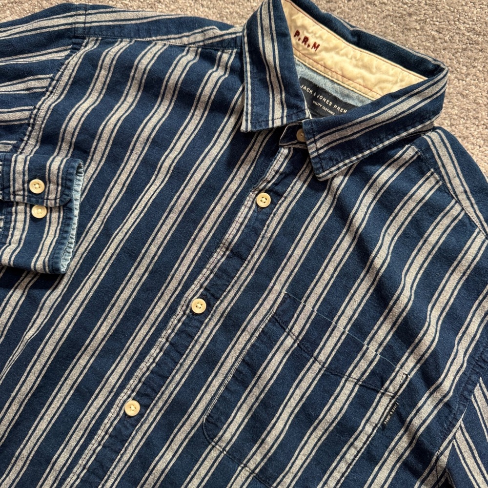 Jack & Jones Shirt Mens M Blue White Striped Cotton Heritage Casual Button Up